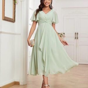 Womens Sage Green Chiffon Wedding Guest Dress Size 8 Corseted With Pockets
